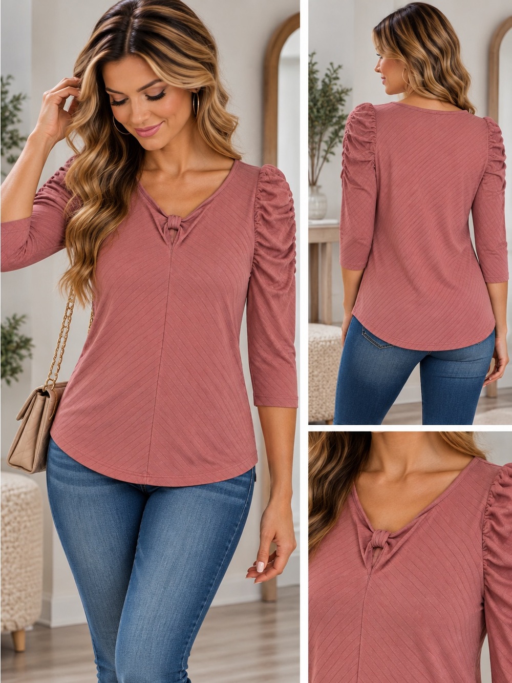 Espresso Women's Medium Dusty Rose Ruched Sleeve Ribbed Top NWOT